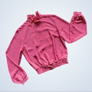 Vintage 70s/80s Pink and White Polka Dot Top Ruffled Collar with Front Pleats S